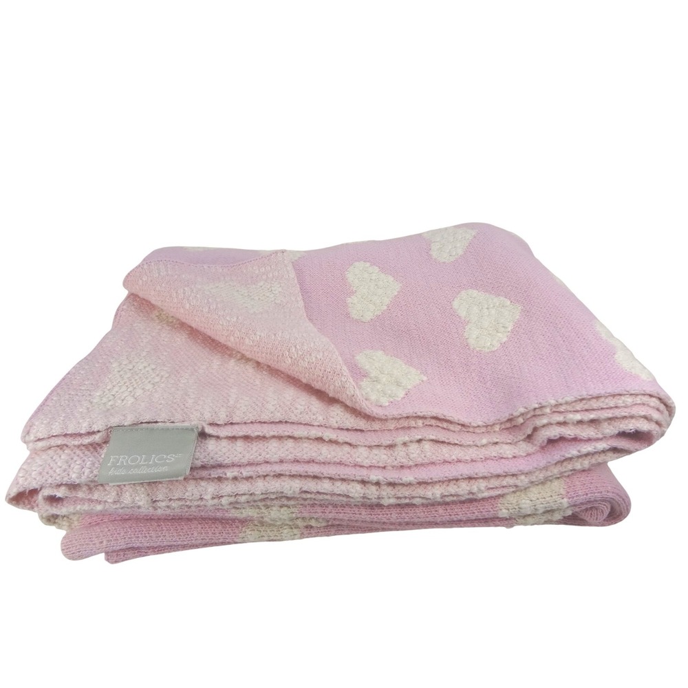 Frolics Kids Collection Pink White Heart Knit Throw or Kids Blanket